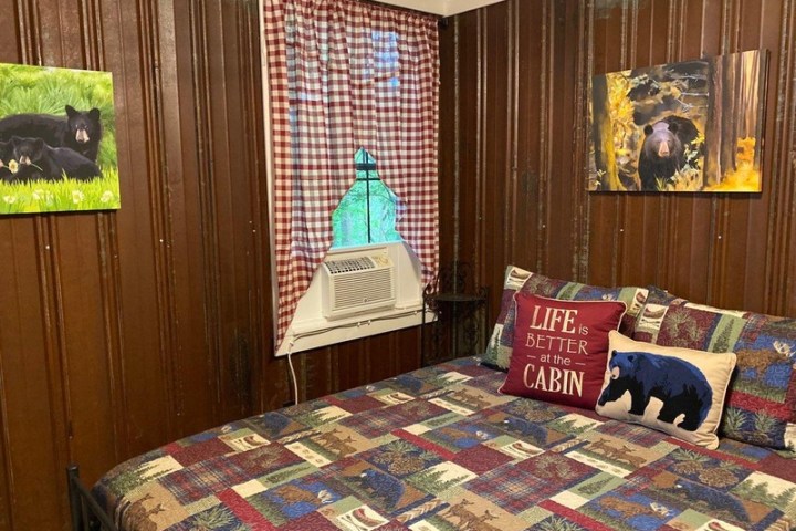 a bedroom with a colorful rug