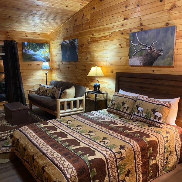 a bedroom with a large bed in a room