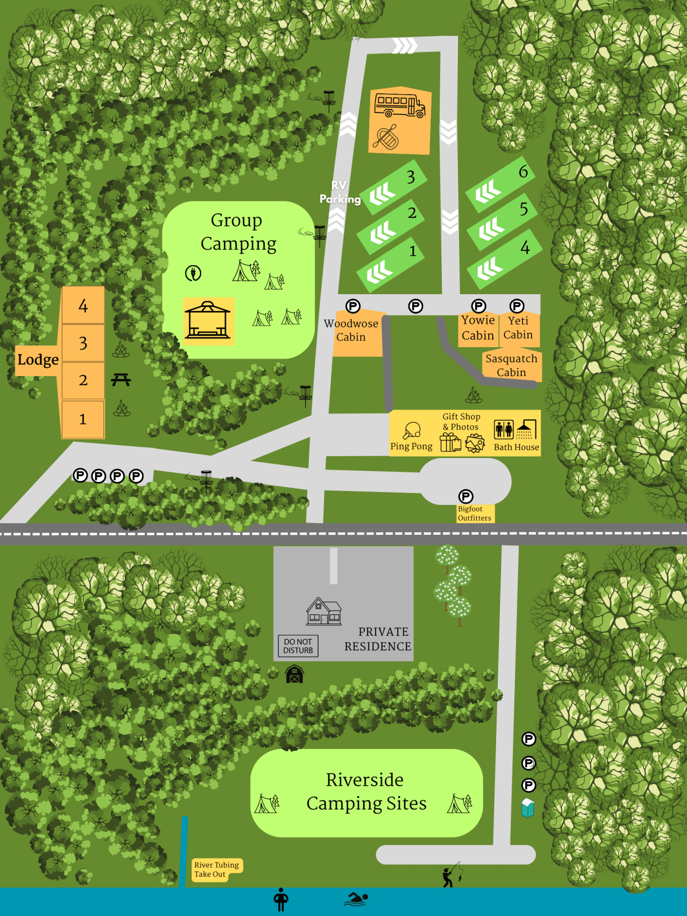 Map of Bigfoot Outfitters with lodges, cabins, RV parking sites, group camping, and riverside campsites.